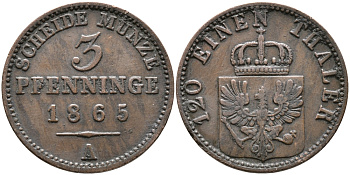 ПРУССИЯ 3 ПФЕННИГА 1865 А, ВИЛЬГЕЛЬМ I (1861-1888) KM 482 медь 28-954