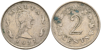 Мальта 2 цента 1977 Пентесилея, царица амазонок KM 9 медь цинк 4596-823