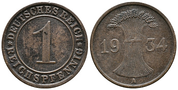 ГЕРМАНИЯ 1 РЕЙХСПФЕННИГ 1934 A KM 37, J. 313 бронза 39-1069