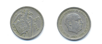 ИСПАНИЯ 5 ПЕСЕТ 1957 ФРАНСИСКО ФРАНКО ДИКТАТОР ИСПАНИИ (1939-1975) KM 786 медно-никель 23-414