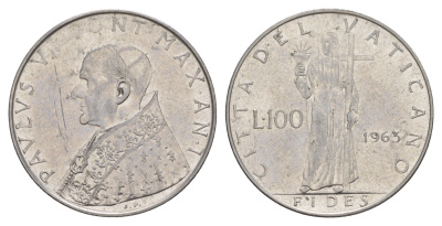 Ватикан 100 лир 1963 Павел VI KM 82 нержавеющая сталь aUNC 4648-136