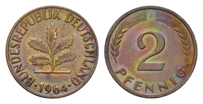 ФРГ 2 пфеннига 1964 J KM 106, J. 381 бронза 4682-1117