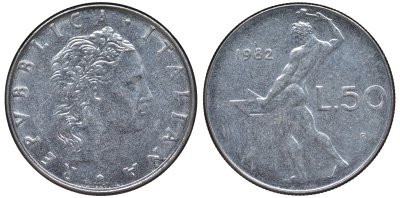 Италия 50 лир 1982 R, бог Вулкан у наковальни KM 95.1 нержавеющая сталь 4142-1153