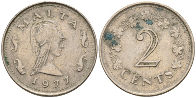 Мальта 2 цента 1977 Пентесилея, царица амазонок KM 9 медь цинк 4596-823