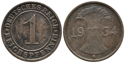 ГЕРМАНИЯ 1 РЕЙХСПФЕННИГ 1934 A KM 37, J. 313 бронза 39-1069