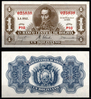 Боливия 1 боливиано 1928 (1951-1952) Pick 128 a (8) бумага 6280-14-1-2
