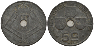 Бельгия 5 сантимов 1943 Belgique - Belgie KM 123 цинк 4548-1237