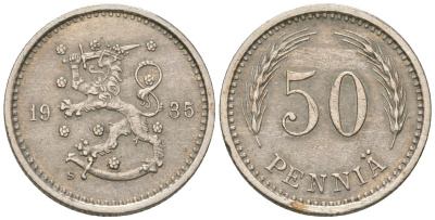 Финляндия 50 пенни 1935 S, редкий год, тираж 610.000 KM 26 медно-никель 4174-1044