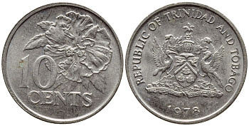 Тринидад и Тобаго 10 центов 1978 цветок гибискуса KM 31 медно-никель 4396-864