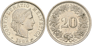 Швейцария 20 раппенов 1982 KM 29а медно-никель 4364-1433