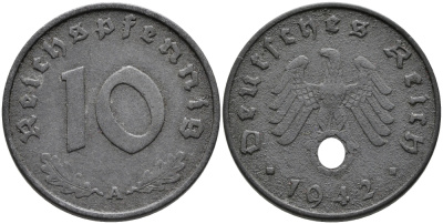 ГЕРМАНИЯ 10 РЕЙХСПФЕННИГОВ 1942 A KM 101, J.371 цинк 95-814