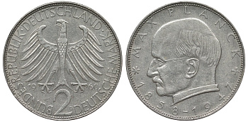 ФРГ 2 марки 1960 D, Макс Планк KM 116, J. 392 медно-никель плакированный никелем 72-244