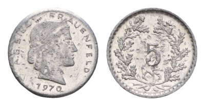 Франция игровой жетон в 5 франков 1970 диаметр 13 мм, вес 0,23 гр алюминий 4651-1225
