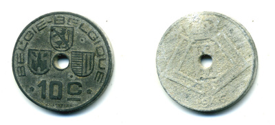 БЕЛЬГИЯ 10 САНТИМОВ 1943 BELGIE-BELGIQUE KM 126 цинк 86-1011