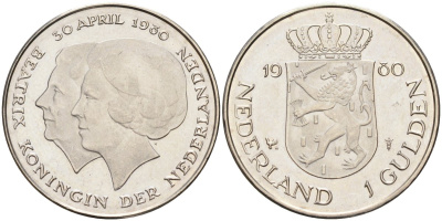 Нидерланды 1 гульден 1980 на коронацию Беатрикс, 30 апреля 1980 KM 200 никель 4175-246