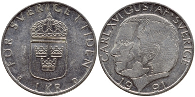 Швеция 1 крона 1991 Карл XVI Густав (1973- ) KM 852a медно-никель 4384-132