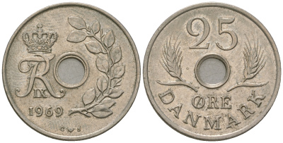 Дания 25 эре 1969 С;S, Фредерик IX (1947-1972) KM 855 медно-никель UNC 4635-837