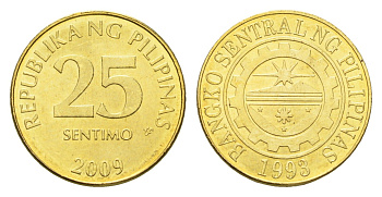 Филиппины 25 сентимо 2009 KM 271a сталь плакированная латунью UNC 4668-721