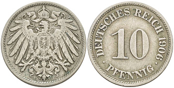 ГЕРМАНИЯ 10 ПФЕННИГОВ 1906 F KM 12, Jager 13, Weege 8 медно-никель 219-125