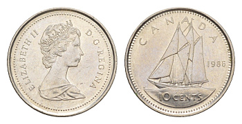 Канада 10 центов 1986 Елизавета II (1952-2022), парусник KM 77 никель 4636-636