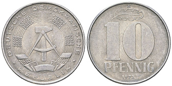 ГДР 10 пфеннигов 1972 A KM 10 алюминий 201-1015