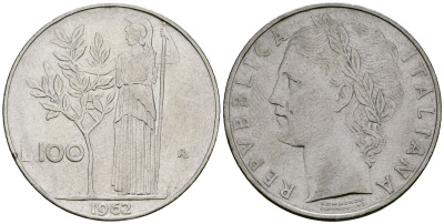 Италия 100 лир 1962 R, Афина у оливкого дерева KM 96.1 нержавеющая сталь 4137-224