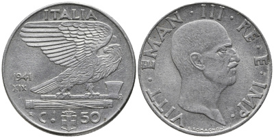ИТАЛИЯ 50 ЧЕНТЕЗИМО 1941 R, РИФЛЕНЫЙ ГУРТ, МАГНИТНАЯ, ГОД XIX KM 76b сталь 34-1235