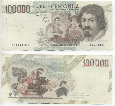 Италия 100000 лир 1983 Караваджо, фруктовый букет, подпись Stevani Pick 110а бумага 7220-5-1