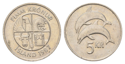 Исландия 5 крон 1987 дельфины KM 28 медно-никель 4589-841