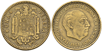 Испания 1 песета 1953 (62) Франсиско Франко (1939-1975) KM 775 алюминиевая бронза    4161-852