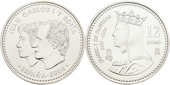 Испания 12 евро 2004 500 лет со дня смерти королевы Изабеллы I KM 1095 серебро UNC 02-251-14