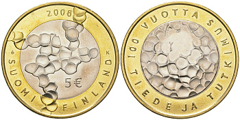 Финляндия 5 евро 2008 100 лет Финской академии наук и исследований KM 141 биметалл  UNC  650-525