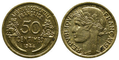 Французская Западная Африка 50 сантимов 1944 редкая KM 1, Lec 1 алюминиевая бронза aUNC 4381-944
