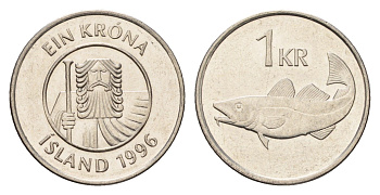 Исландия 1 крона 1996 треска KM 27a сталь плакированная никелем UNC 4691-556