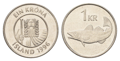 Исландия 1 крона 1996 треска KM 27a сталь плакированная никелем UNC 4691-556