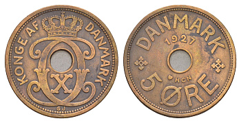 Дания 5 эре 1927 HCN, Кристиан X (1912-1947) KM 828 бронза 4657-232