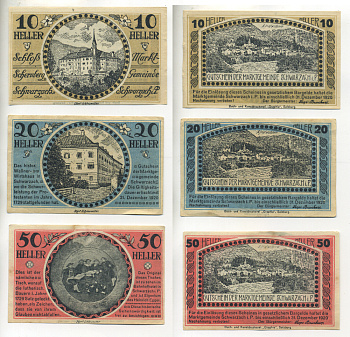 АВСТРИЯ НАБОР ИЗ 3 БАНКНОТ 1920 ДО 31 ДЕКАБРЯ 1920, НОТГЕЛЬД, 10, 20, 50 ГЕЛЛЕРОВ, SCHWARZACH i.P. бумага XF 7204-4-2