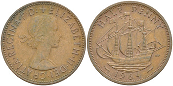 Великобритания 1/2 пенни 1964 Елизавета II (1952-2022) KM 896, Spink 4158 бронза 4544-141