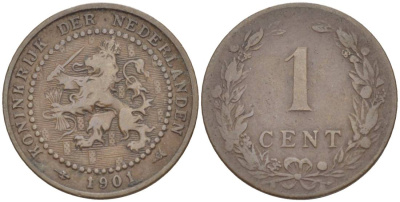 НИДЕРЛАНДЫ 1 ЦЕНТ 1901 ВИЛЬГЕЛЬМИНА I (1891-1948) KM 130 бронза 4547-1264