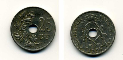 БЕЛЬГИЯ 25 САНТИМОВ 1926 BELGIE KM 69 медно-никель 41-843