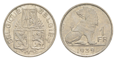 Бельгия 1 франк 1939 Belgique - Belgie, Леопольд III (1934-1947) KM 119 никель 4619-1047