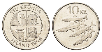 Исландия 10 крон 1996 рыбы KM 29.1a сталь плакированная никелем UNC 4691-243