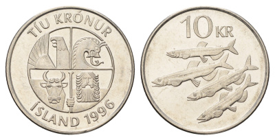 Исландия 10 крон 1996 рыбы KM 29.1a сталь плакированная никелем UNC 4691-243