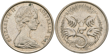 Австралия 5 центов 1983 Елизавета II (1952- ), ехидна KM 64 медно-никель 4608-824