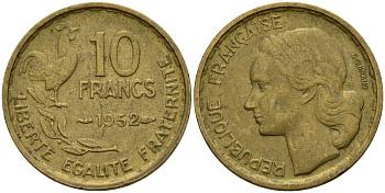 Франция 10 франков 1952 B, петух KM 915.2, Le Franc 363.5 алюминиевая бронза 4152-438