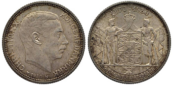 Дания 2 кроны 1930 N; AH, 60 лет королю Кристиану X (1870-1930) KM 829 серебро 69-426
