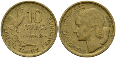Франция 10 франков 1952 B, петух KM 915.2, Le Franc 363.5 алюминиевая бронза 4152-438