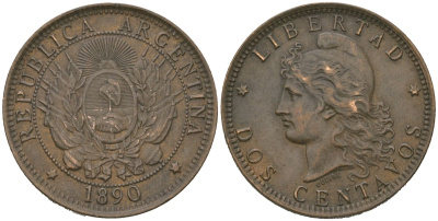 Аргентина 2 сентаво 1890 KM 33 бронза 92-137