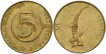 Словения 5 толаров 1994 альпийский козёл KM 6 латунь 4159-612