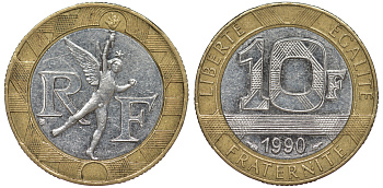 Франция 10 франков 1990 тип Гений Бастилии KM 964.1, Le Frank 375.5 биметалл 45-821